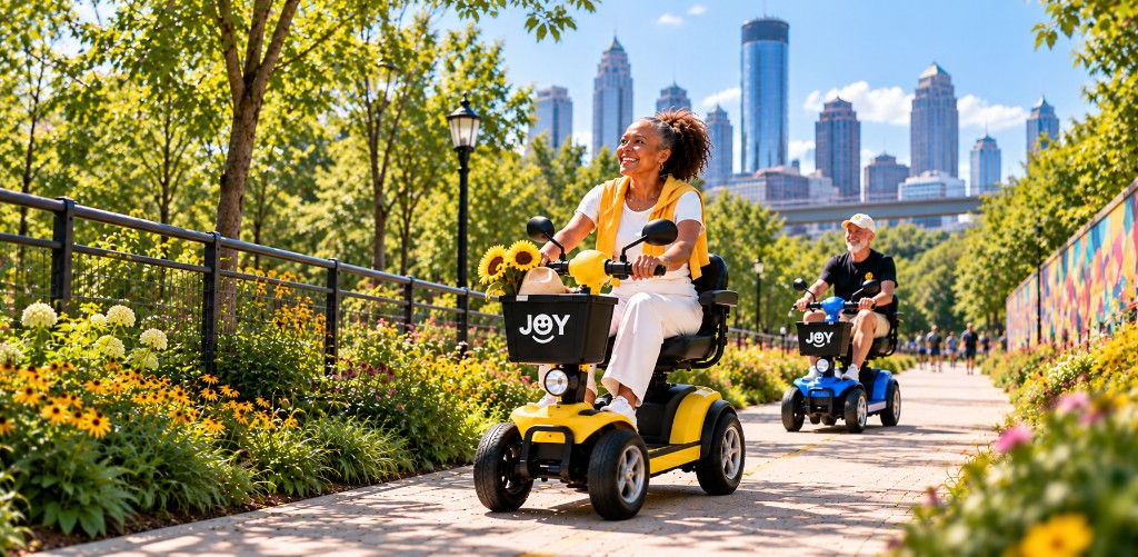 Two riders on JOY mobility scooters on the Atlanta BeltLine