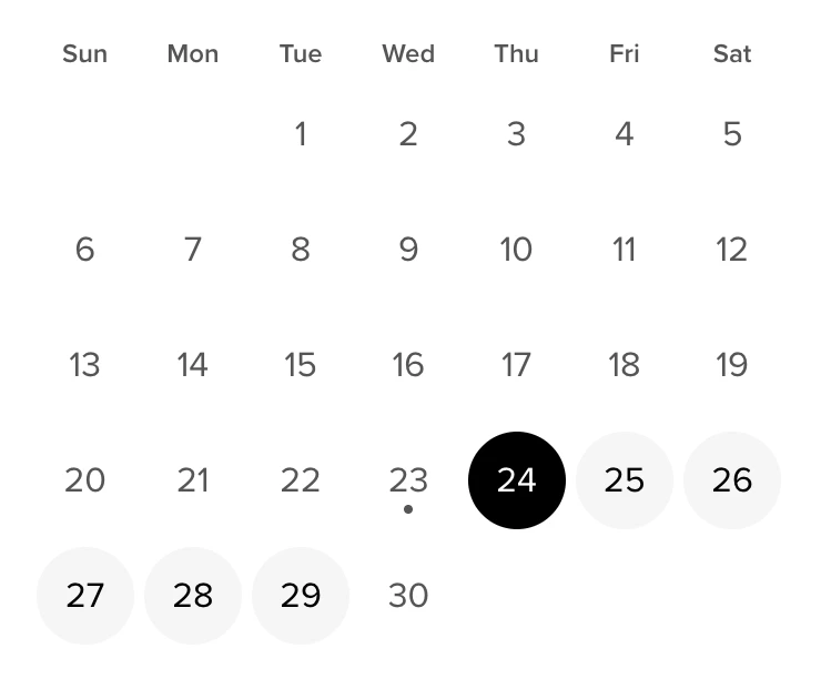 A calendar with dates selected for a JOY booking