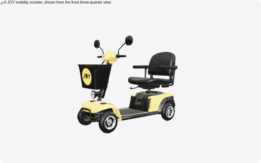 A JOY mobility scooter, shown from the front three-quarter view